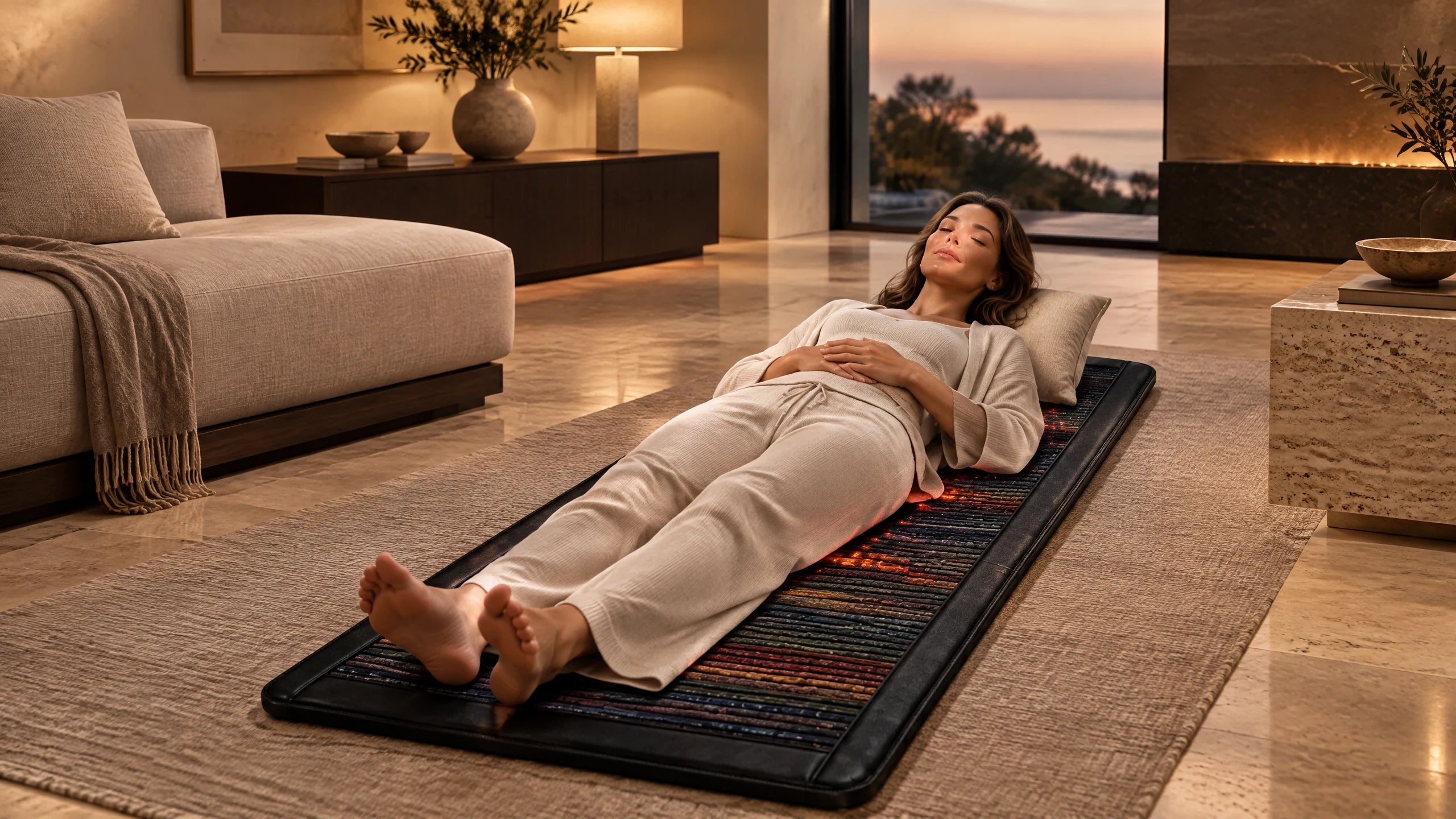 Woman relaxing on MB Aura Vortex K-1 in a luxury home