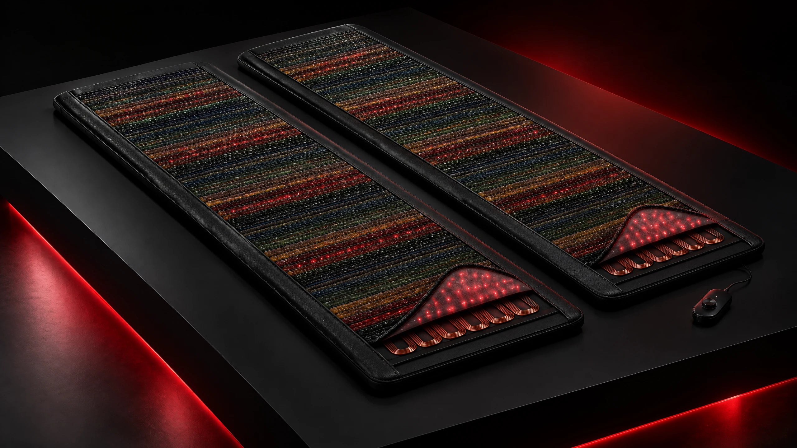 Two MB Aura Vortex K-1 wellness mats with red light and controller